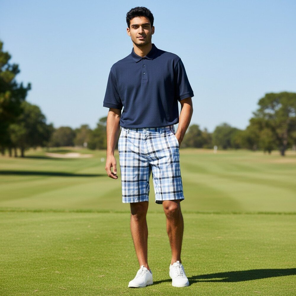 Nike Golf Mens 32 M Blue Plaid Dri Fit Flat Front Pockets Shorts 10.5 Inseam